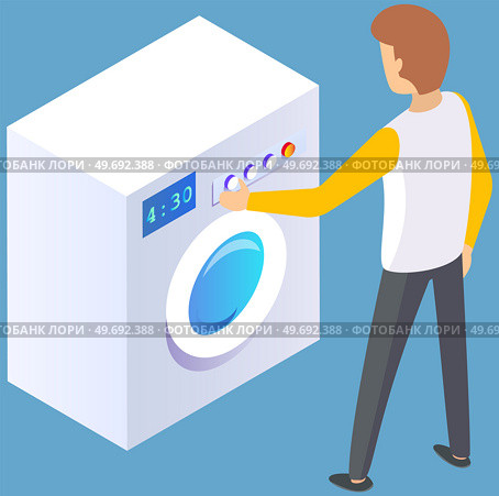 Male character in public laundry or home bathroom loading dirty clothing and detergent powder to laundromat or washing machine, housework concept. Launderette cleaning service, household, routine. Male character in public laundry or home bathroom loading dirty clothing to washing machine. Стоковая иллюстрация, агентство Ingram Publishing / Фотобанк Лори