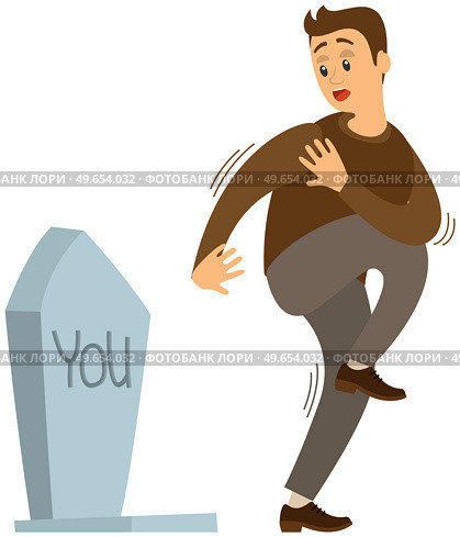 Male character suffering from fear of death near stone plate isolated on white background. Guy looking at tombstone is afraid to die. Man frightened of death. Thanatophobia, fear of dying concept. Man suffering from fear of death near stone plate. Thanatophobia, phobia of dying concept. Стоковая иллюстрация, агентство Ingram Publishing / Фотобанк Лори