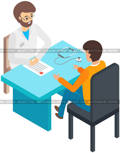Male doctor and patient sitting at table. Man consulting with physician about health. Diagnostic, treatment and medical consultation in hospital concept. Sick person communicates with therapist. Man consulting with physician about health. Sick person communicates with therapist on consultation. Стоковая иллюстрация, агентство Ingram Publishing / Фотобанк Лори