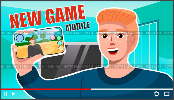 Male professional gamer tell about new mobile game, shows the smartphone. Young man blogger creating content about his hobby and posting it on social media. Screensaver of online video tutorial. Male blogger professional gamer creating content, tell about new mobile game, shows the phone. Стоковая иллюстрация, агентство Ingram Publishing / Фотобанк Лори
