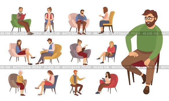 Male psychologist sits on a chair. The psychologist makes notes with smilling and asks questions. Man is helping female character to solve gaps. Psychotherapy session isolated on white background. Male psychologist sits on a chair. Different people at the specialist s decide personal problems. Стоковая иллюстрация, агентство Ingram Publishing / Фотобанк Лори