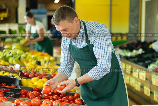 Male seller of vegetable department of store replenishing showcase with tomato, put ones on showcase. Стоковое фото, фотограф Яков Филимонов / Фотобанк Лори