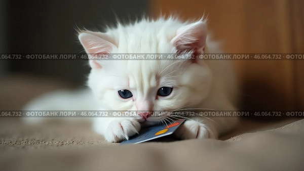 Маленький белый котенок нашел кредитную карточку и играется с ней. Серия любопытный котенок. Стоковое AI-изображение, AI-художник Юлия Можина / Фотобанк Лори
