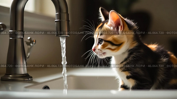 Маленький котенок залез в раковину и смотрит как льется вода из крана. Серия любопытный котенок. Стоковое AI-изображение, AI-художник Юлия Можина / Фотобанк Лори