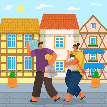 Man and woman carrying bought products from supermarket. Couple loaded with groceries returning home passing houses and buildings in old town. Boyfriend and girlfriend with bags, vector in flat style. Couple with Groceries Returning Home from Shopping. Стоковая иллюстрация, агентство Ingram Publishing / Фотобанк Лори