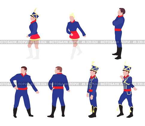 Man and woman in old, beautiful form of guard, hussar, an acrobat performing in circus. Colored Vector Illustration. EPS10. Man and woman in old, beautiful form of guard, hussar, an acroba. Стоковая иллюстрация, агентство Ingram Publishing / Фотобанк Лори