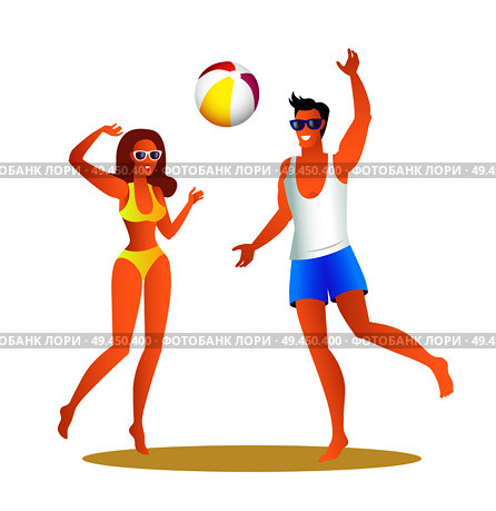 Man and woman in swimwear play volleyball on beach. Girl and guy throw inflatable ball. Young couple plays volleyball isolated vector illustration.. Man and Woman in Swimwear Play Volleyball on Beach. Стоковая иллюстрация, агентство Ingram Publishing / Фотобанк Лори