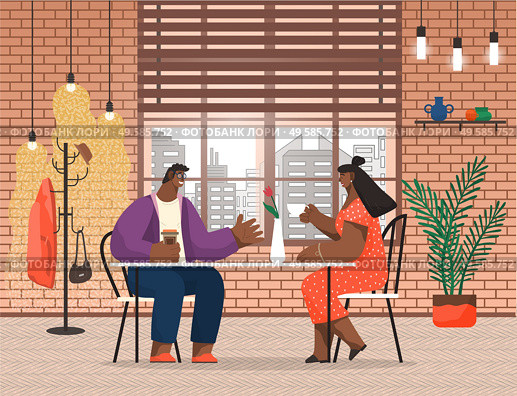 Man and woman talking and drinking coffee or tea in cafe. Couple having date in modern restaurant. Comfortable place for friends to meet. Students or workers eating out during break at work vector. Couple Drinking Coffee, Friends in Restaurant. Стоковая иллюстрация, агентство Ingram Publishing / Фотобанк Лори