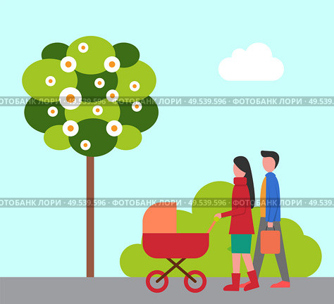 Man and woman walking with pram, young parents. Flat view of green park, tree and bush, cloudy sky. Mother and father going outdoor with buggy vector. Man and Woman Walking with Pram, Parents Vector. Стоковая иллюстрация, агентство Ingram Publishing / Фотобанк Лори