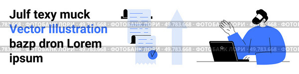 Man at laptop, data charts, growth arrows. Ideal for marketing, analytics, data reports, business growth, startups, presentations infographics Landing page. Marketing and Data Analysis Concept with Graphs and Keywords. Стоковая иллюстрация, агентство Ingram Publishing / Фотобанк Лори