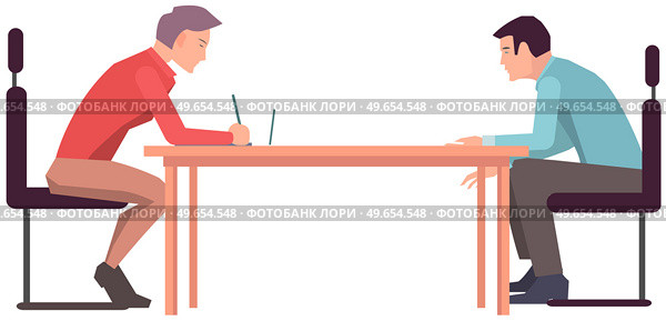 Man attending meeting with company. Employment, work application, interview concept. Clerk during interview with boss, manager. Male characer applying for job. Interviewer records data of applicant. Man applying for job, having interview with boss of company. Employment, work application concept. Стоковая иллюстрация, агентство Ingram Publishing / Фотобанк Лори