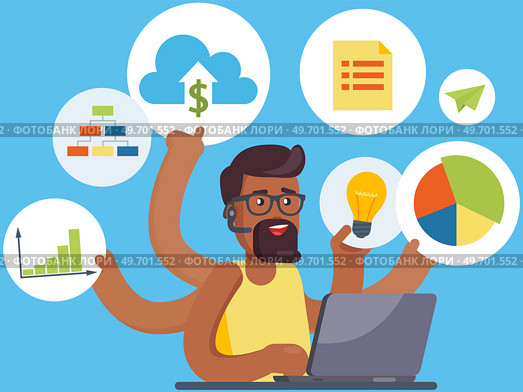 Man doing simultaneously many tasks. Male employee trying to deal with deadlines. Overworking, overload at work, time management, planning concept. Person with many hands coping with multitasking. Man doing simultaneously many tasks. Male employee trying to deal with deadlines, overworking. Стоковая иллюстрация, агентство Ingram Publishing / Фотобанк Лори