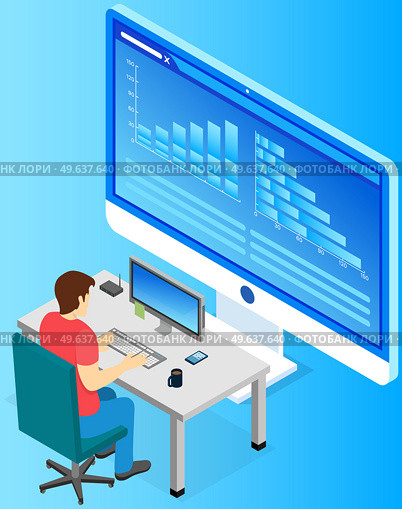 Man estimates statistical indicators on presentation with charts and graphs, marketing concept. Businessman seller watching sales statistics in laptop. The buyer analyzes price of goods on graph. Man estimates statistical indicators on presentation with charts and graphs, marketing concept. Стоковая иллюстрация, агентство Ingram Publishing / Фотобанк Лори