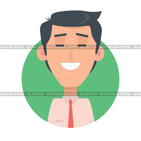 Man face emotive icon. Brunet male character smiling with closed eyes flat vector illustration isolated on white. Happy human psychological portrait. Positive emotions concept. For app, web design. Man Face Emotive Vector Icon in Flat Style  . Man Face Emotive Vector Icon in Flat Style  . Стоковая иллюстрация, агентство Ingram Publishing / Фотобанк Лори