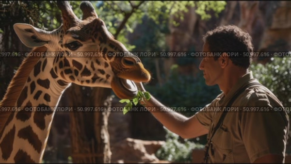 Man feeds giraffe leafy greens in a warm and sunny wildlife sanctuary. Стоковое AI-видео, аниматор Сергей Толмачёв / Фотобанк Лори
