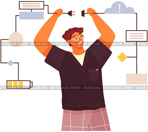 Man fixing technical equipment. Different mental mindset types. Male character with technical, logical thinking. Mind behaviour, mental perceiving, psychology, creation of optimal solution concept. Technical, logical thinking, mental perceiving concept. Man fixing equipment, connecting wires. Стоковая иллюстрация, агентство Ingram Publishing / Фотобанк Лори