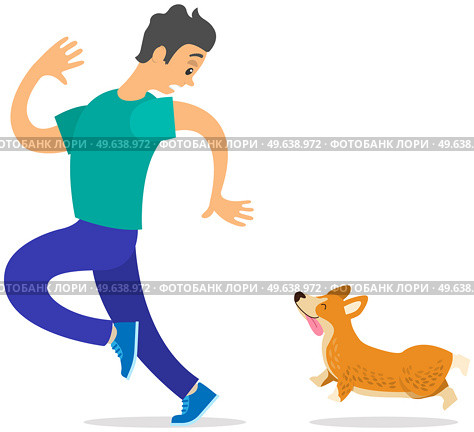Man frightened by dog suffers from cynophobia, human fear concept. Person looking scared at dog is afraid of animal. Male character shaking, trembling with fear of dogs isolated on white background. Man frightened by dog suffers from cynophobia, human fear concept. Person looking scared at animal. Стоковая иллюстрация, агентство Ingram Publishing / Фотобанк Лори