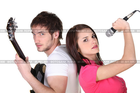 Man guitarist and woman singer on white background. Стоковое фото, агентство Ingram Publishing / Фотобанк Лори