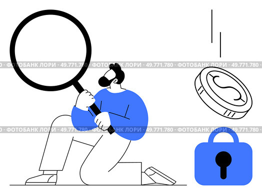 Man holding a magnifying glass, examining a coin and a lock, symbolizing scrutiny in financial security. Ideal for finance, cybersecurity, investment, analysis, research. Simple modern graphic style. Man with Magnifying Glass Examining Money and Security Concepts in Modern Vector Art. Стоковая иллюстрация, агентство Ingram Publishing / Фотобанк Лори