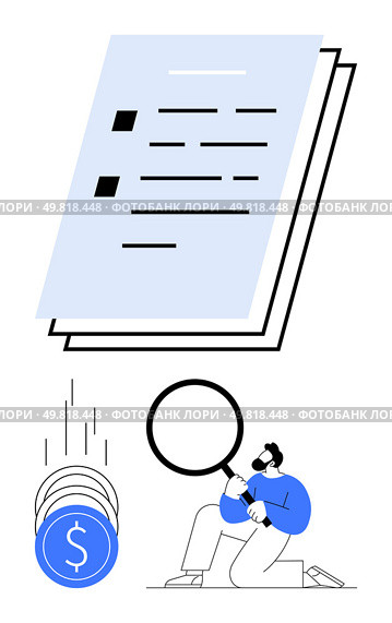 Man holding magnifying glass examines documents while coins fall, emphasizing financial analysis, budget review. Ideal for financial research, auditing, economics, investment, business planning. Man with Magnifying Glass Examining Documents and Falling Coins. Стоковая иллюстрация, агентство Ingram Publishing / Фотобанк Лори