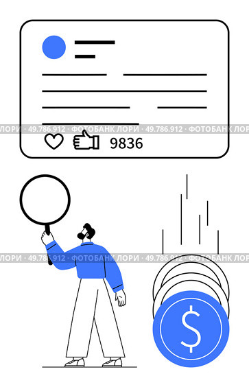 Man holding magnifying glass examining social media profile stats with thumbs ups and shares, coins falling representing revenue. Ideal for digital marketing, social media analysis, online business. Social Media Engagement and Revenue Generation Concept with User Analyzing Profile Interaction. Стоковая иллюстрация, агентство Ingram Publishing / Фотобанк Лори