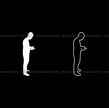 Man holding smartphone phone Playing tablet Male using communication tool Idea looking phone addiction Concept dependency from modern technologies silhouette white color vector illustration solid outline style simple image. Man holding smartphone phone Playing tablet Male using communication tool Idea looking phone addiction Concept dependency from modern technologies silhouette white color vector illustration solid outline style image. Стоковая иллюстрация, агентство Ingram Publishing / Фотобанк Лори