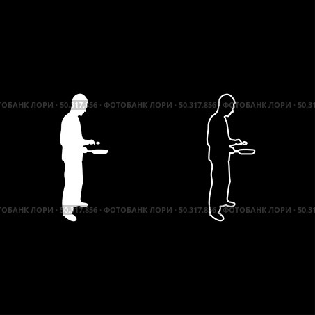 Man holds frying pan spoon Chef holding kitchen utensil Professional using Kitchen staff concept Domestic prepair food silhouette white color vector illustration solid outline style simple image. Man holds frying pan spoon Chef holding kitchen utensil Professional using Kitchen staff concept Domestic prepair food silhouette white color vector illustration solid outline style image. Стоковая иллюстрация, агентство Ingram Publishing / Фотобанк Лори