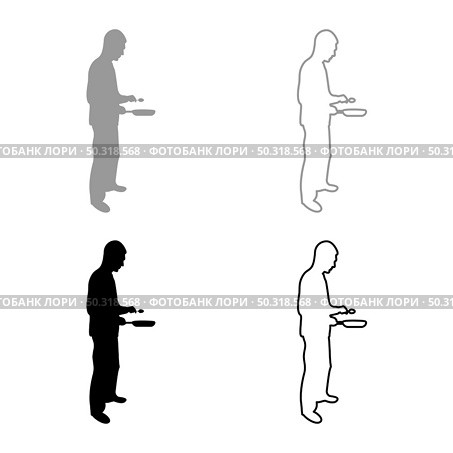 Man holds frying pan spoon Chef holding kitchen utensil Professional using Kitchen staff concept Domestic prepair food silhouette grey black color vector illustration solid outline style simple image. Man holds frying pan spoon Chef holding kitchen utensil Professional using Kitchen staff concept Domestic prepair food silhouette grey black color vector illustration solid outline style image. Стоковая иллюстрация, агентство Ingram Publishing / Фотобанк Лори