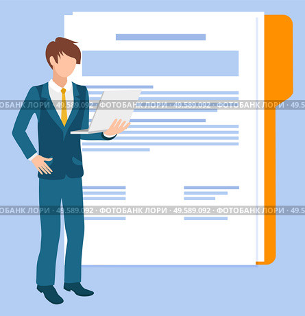 Man in suit and yellow tie standing with laptop. Orange folder with documents. Resume or curriculum vitae. Recruitment or employment concept vector illustration. Man in Suit Standing with Laptop, Document Vector. Стоковая иллюстрация, агентство Ingram Publishing / Фотобанк Лори