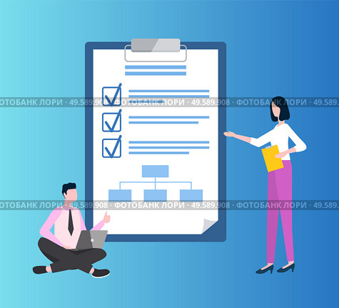 Man in suit sitting cross-legged with laptop. Woman standing near paper with check marks near completed items. Blue board with goals of targets vector. People with Laptop, Paper with Check Marks Vector. Стоковая иллюстрация, агентство Ingram Publishing / Фотобанк Лори