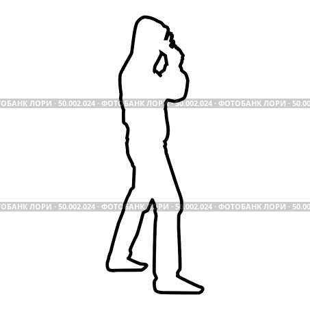 Man in the hood with gun Concept danger short arm near head icon black color vector illustration flat style simple image outline. Стоковая иллюстрация, агентство Ingram Publishing / Фотобанк Лори
