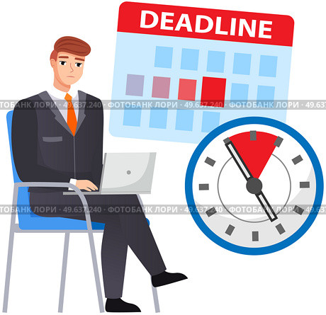 Man is doing work with computer to deal with deadline and term. Busy male employee sitting with laptop and working remotely. Guy freelancer works with technology to complete assignments on time. Busy male employee sitting with laptop and working remotely to deal with deadline at work. Стоковая иллюстрация, агентство Ingram Publishing / Фотобанк Лори