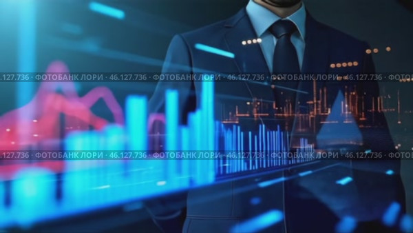 Man is seen in a suit and tie, looking at a computer screen with a graph on it. Стоковое AI-видео, аниматор Sergey Grishin / Фотобанк Лори