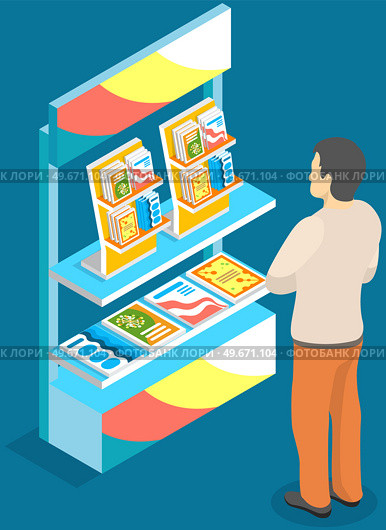 Man looking at stand with books. Advertising company, promotion, distribution concept. Male character choosing magazines, catalogs with advertisement. Person near announcements, books on rack. Man looks at stand with books, magazines, catalogs. Advertising, promotion, distribution concept. Стоковая иллюстрация, агентство Ingram Publishing / Фотобанк Лори