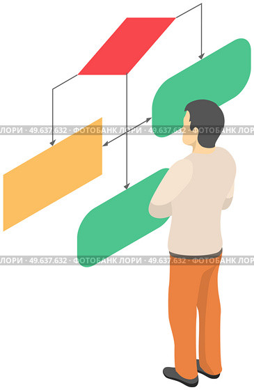Man looking at whiteboard with schemes vector, programmer examining charts and info on board. Male character is considering color block diagram with information, analyzes data, research project. Man looking at whiteboard with schemes vector, programmer examining charts and info on board. Стоковая иллюстрация, агентство Ingram Publishing / Фотобанк Лори