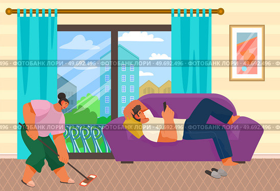 Man lying on sofa with smartphone. Young woman with mop cleaning floor in living room. Apartment cleaning, household chores, daily routine concept. Lady mopping at home. Family spends time at weekend. Man lying on sofa with smartphone. Young woman with mop cleaning floor, mopping in living room. Стоковая иллюстрация, агентство Ingram Publishing / Фотобанк Лори