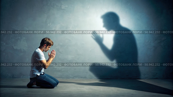 Man Mimicking Hypocritical Prayer Posture in Front of Shadow. Generative AI. Стоковое AI-изображение, AI-художник Roman Zavorotny / Фотобанк Лори