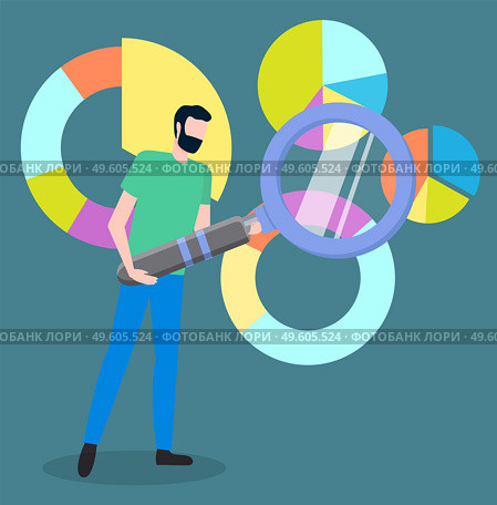Man office worker with magnifier analyzes demand on diagrams of various shapes, choosing way to attract customers. Project management and financial report strategy. Business analysis planning. Choosing way to attract customers. Man office worker with magnifier analyzes demand on charts. Стоковая иллюстрация, агентство Ingram Publishing / Фотобанк Лори