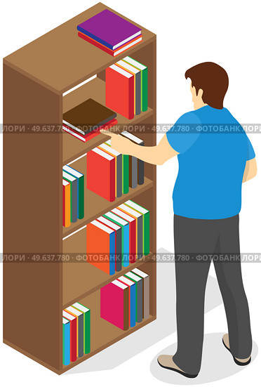 Man pulls out book from shelf. Librarian works with textbooks. Male person stretches his hand for book in closet. Cartoon character going to read and taking textbook. Guy standing next to bookcase. Man pulls out book from shelf. Librarian works with textbooks. Person standing next to bookcase. Стоковая иллюстрация, агентство Ingram Publishing / Фотобанк Лори
