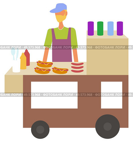 Man selling hot dogs in kiosk at street vector, isolated character with bun and sausage. Cooking male with ketchup and mustard, service eatery or diner. Hot Dog Seller Stall with Street Food Service. Стоковая иллюстрация, агентство Ingram Publishing / Фотобанк Лори
