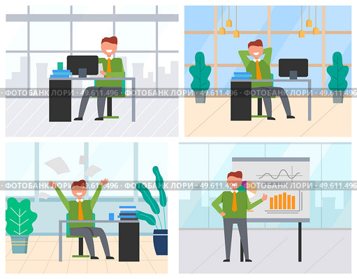 Man showing presentation on board vector, stats and info about project of company. Businessman wearing tie and suit, relaxing in office, workplace. Businessman in Office, Working Person at Workplace. Стоковая иллюстрация, агентство Ingram Publishing / Фотобанк Лори