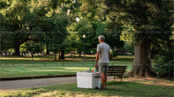 Man standing by a cooler in a park during the late afternoon, enjoying nature and the peaceful surroundings with greenery. Стоковое AI-изображение, AI-художник Сергей Толмачёв / Фотобанк Лори