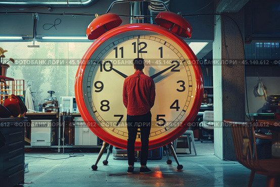 Man standing in front of giant alarm clock feeling small. Стоковое AI-изображение, AI-художник Иван Рябоконь / Фотобанк Лори