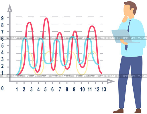 Man standing next to flipchart with diagram. Presentation board with statistical data. Business report showroom with poster and lecturer. Businessman demonstrates results of statistical research. Man standing near flipchart with diagram. Businessman conducts presentation of statistical research. Стоковая иллюстрация, агентство Ingram Publishing / Фотобанк Лори
