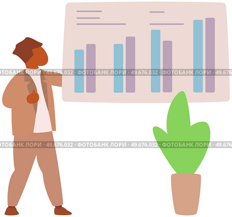 Man standing next to flipchart with diagram. Presentation board with statistical data. Business report showroom with poster and lecturer. Businessman demonstrates results of statistical research. Man standing near flipchart with diagram. Businessman conducts presentation of statistical research. Стоковая иллюстрация, агентство Ingram Publishing / Фотобанк Лори