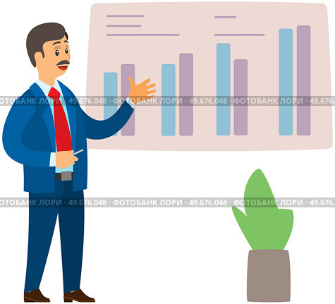 Man standing next to flipchart with diagram. Presentation board with statistical data. Business report showroom with poster and lecturer. Businessman demonstrates results of statistical research. Man standing near flipchart with diagram. Businessman conducts presentation of statistical research. Стоковая иллюстрация, агентство Ingram Publishing / Фотобанк Лори