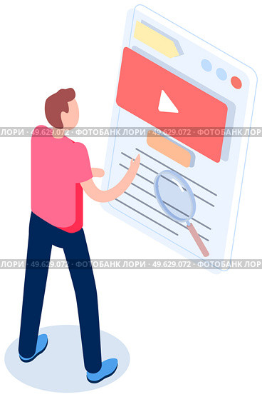 Man studying paper. Male character checks and grades list. Online survey concept. Freelancer standing near big checklist with video recording symbol. Guy studies form with video data and works with it. Freelancer standing near big checklist with video recording symbol. Guy studies form with data. Стоковая иллюстрация, агентство Ingram Publishing / Фотобанк Лори
