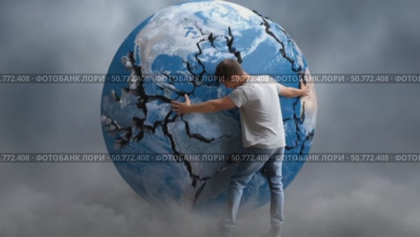 Man supporting broken planet earth, environmental responsibility. Стоковое AI-видео, аниматор Юрий Поздников / Фотобанк Лори