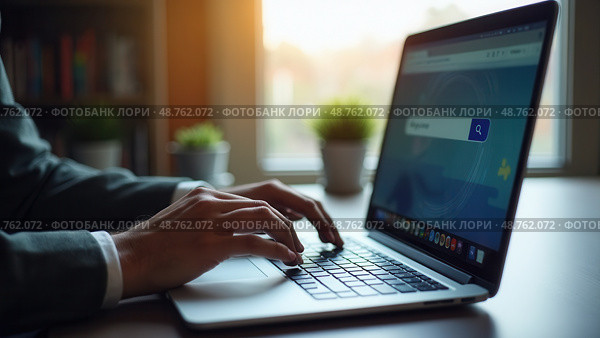 Man tapping laptop keyboard and search page on computer touch screen. Concept Searching new job. Copy space. Стоковое AI-изображение, AI-художник Sergey Grishin / Фотобанк Лори