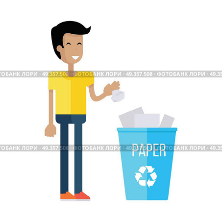 Man Throw the Paper into Blue Recycle Garbage Bin. Man throw the paper into blue recycle garbage bin with paper. Reuse or reduce symbol. Plastic recycle trash can. Trash can icon in flat. Waste recycling. Environmental protection. Vector illustration. Стоковая иллюстрация, агентство Ingram Publishing / Фотобанк Лори